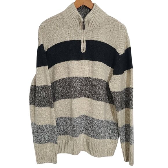 Tricots St Raphael Men's Sweater 1/4 Zip Pullover Tan Black Gray Stripe XL - Picture 1 of 7